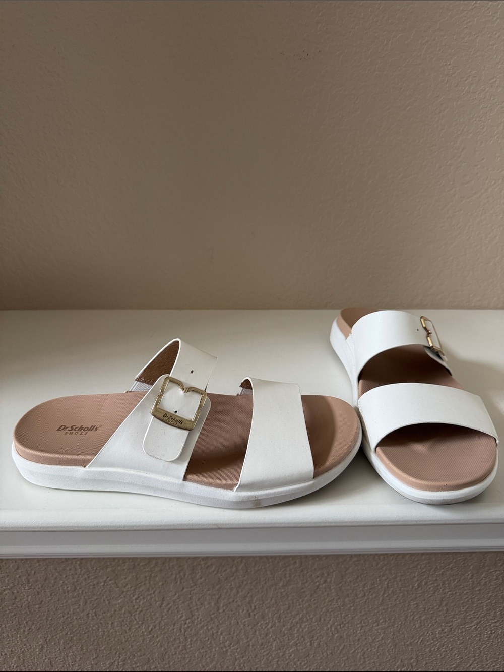 Dr. Scholl's White Double-Strap Slide Sandals with Gold Buckle
